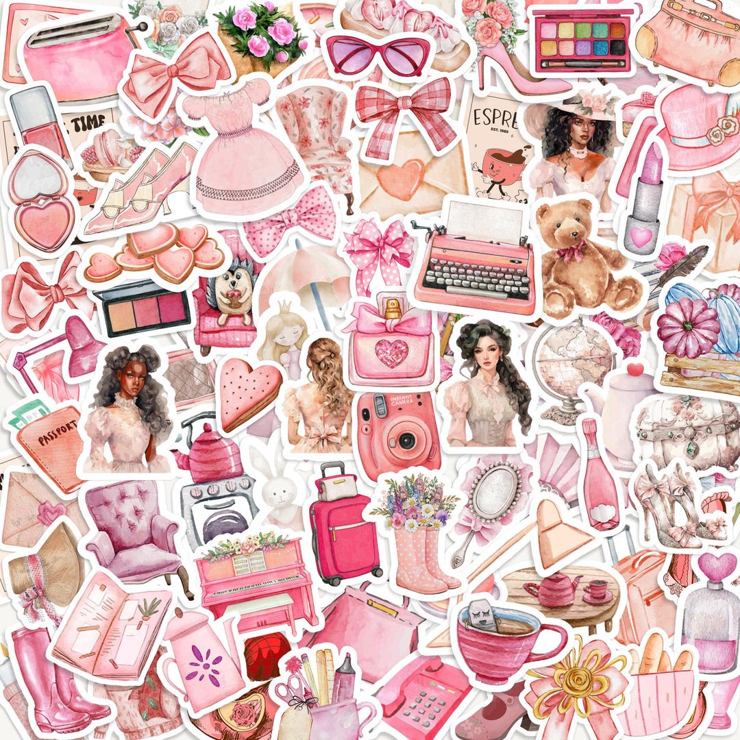 25 Retro Pink Sticker Mix Pack, Vintage Aesthetic, Journal & Scrapbook ...