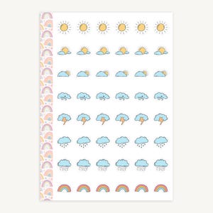 May include: A sheet of weather-themed stickers featuring suns, clouds, rain, lightning bolts, and rainbows. The stickers are in a variety of colors, including yellow, blue, and orange. A rainbow pattern borders the left side of the sheet.