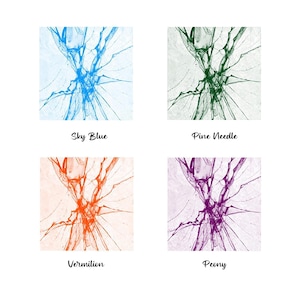 May include: Four square images of broken glass with different colored cracks. The top left image has sky blue cracks, the top right image has pine needle green cracks, the bottom left image has vermilion orange cracks, and the bottom right image has peony purple cracks.