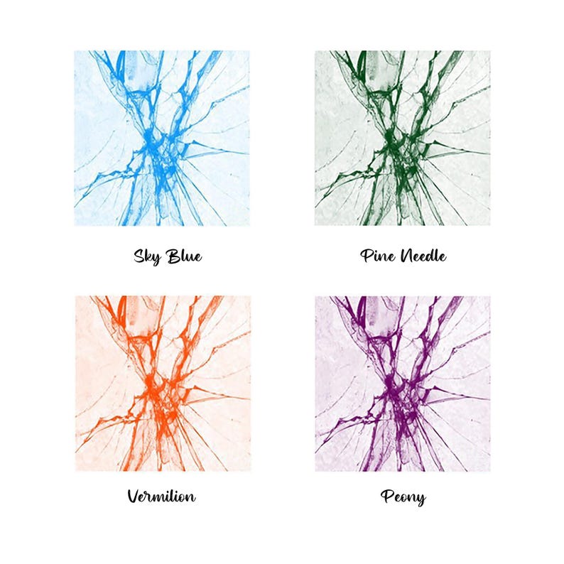 May include: Four square images of broken glass with different colored cracks. The top left image has sky blue cracks, the top right image has pine needle green cracks, the bottom left image has vermilion orange cracks, and the bottom right image has peony purple cracks.