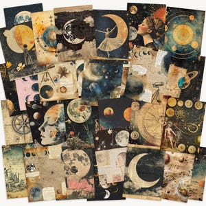 Vintage astronomiestickers, retro rommeldagboek met hemels thema, benodigdheden voor scrapbooking