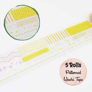 Żółty zestaw geometrycznych taśm washi, kropki, taśma slim boarder, dekoracje planera, scrapbooking, artykuły do dziennika