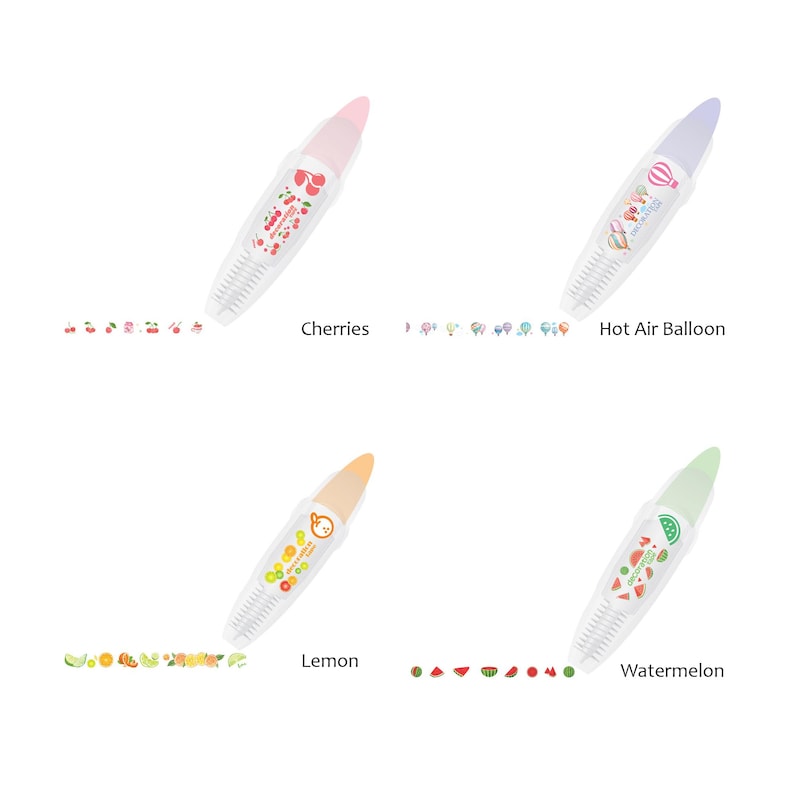 Pu&ograve; includere: Quattro nastri correttivi colorati con diversi disegni di frutta: ciliegie, mongolfiera, limone e anguria. Ogni nastro ha un corpo in plastica trasparente con un design colorato e una gomma bianca all'estremit&agrave;.