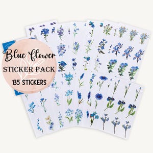 Lot de 135 autocollants fleurs bleues, jacinthe des bois, géranium, aquarelle florale, tenue de journal, scrapbooking, agenda