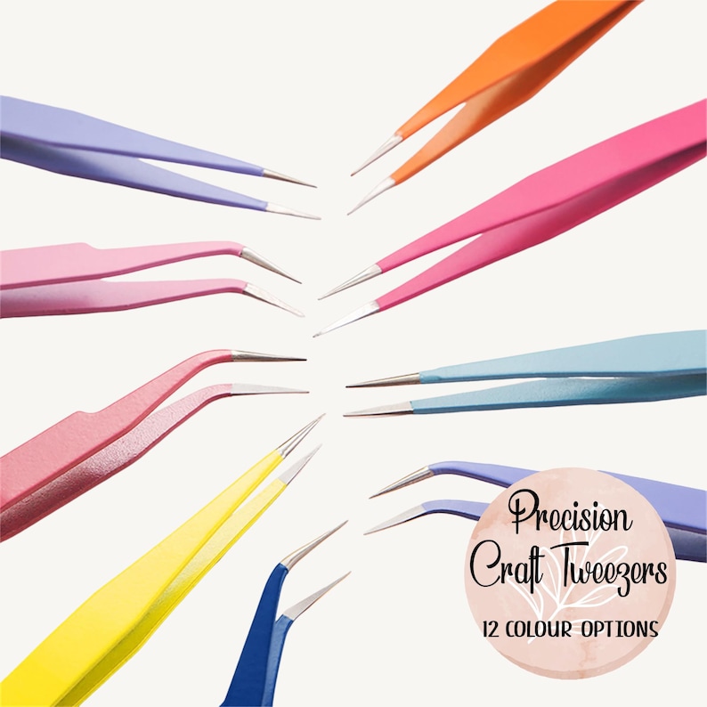 May include: An assortment of colorful precision craft tweezers in various shades, including pink, blue, yellow, and orange. The image features the text "Precision Craft Tweezers" and "12 COLOR OPTIONS" in a circular design.