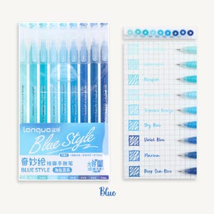 May include: A set of 10 blue gel pens in a clear plastic package. The pens are labeled "Blue Style" and feature different shades of blue ink. The package also includes a color chart showing the different shades of blue ink.