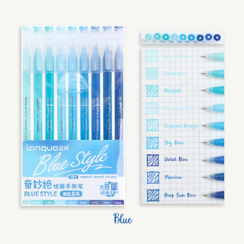 May include: A set of 10 blue gel pens in a clear plastic package. The pens are labeled "Blue Style" and feature different shades of blue ink. The package also includes a color chart showing the different shades of blue ink.
