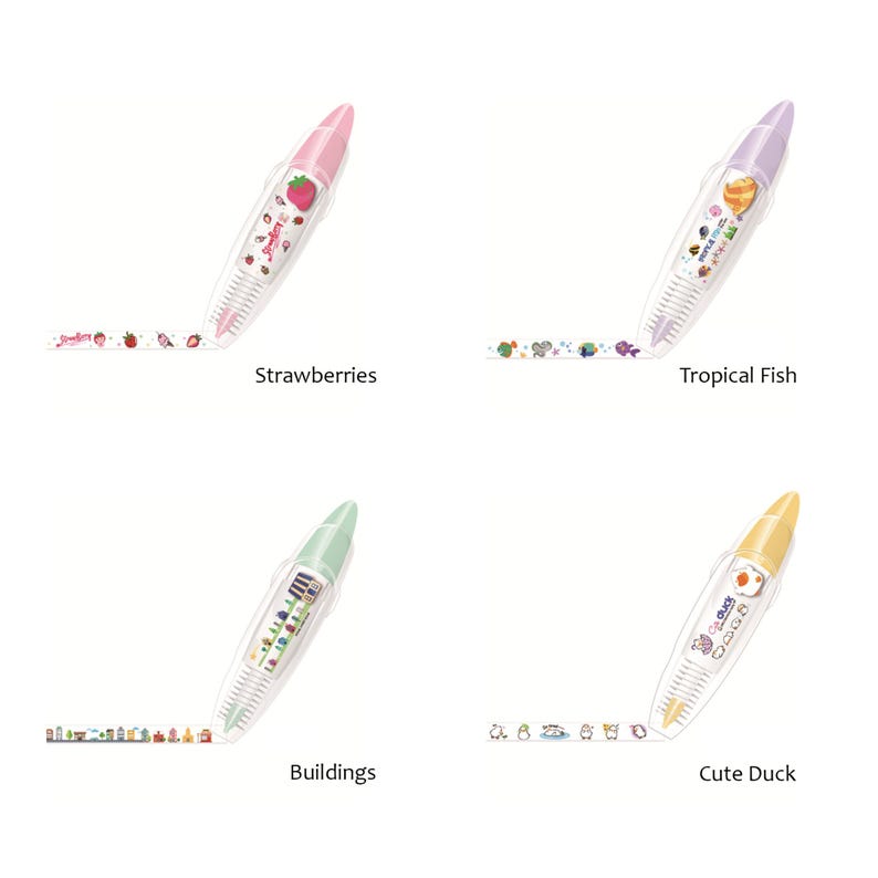 Pu&ograve; includere: Quattro dispenser di nastro correttore colorati con diversi design: fragole, pesci tropicali, edifici e un'anatra carina. Ogni dispenser ha un corpo in plastica trasparente e un design colorato sul davanti.