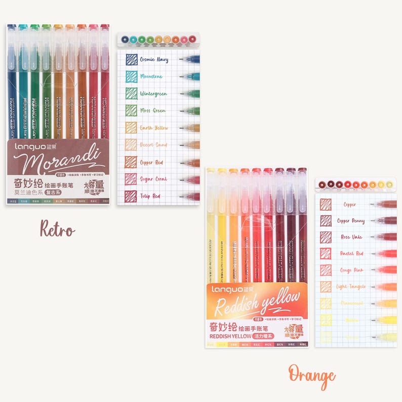 May include: Two sets of colorful markers in clear plastic packaging. The first set is labeled "Morandi" and features a range of brown, orange, and red hues. The second set is labeled "Reddish Yellow" and features a range of yellow, orange, and red hues.