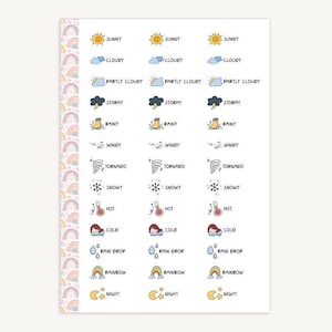 Puede incluir: Una hoja de pegatinas blanca con ilustraciones y texto sobre el tema del clima. Los diseños incluyen un sol, nubes, lluvia y un arcoíris. El texto incluye "Sunny", "Cloudy", "Stormy", "Rainy", "Windy", "Tornado", "Snowy", "Hot", "Cold", "Rain Drop", "Rainbow" y "Night".