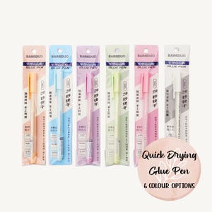 May include: Six quick-drying glue pens in pastel shades, each individually packaged. The packaging features the text "GLUE PEN" and "20 seconds fast dry". A circular graphic displays the text "Quick Drying Glue Pen" and "6 Colour Options".