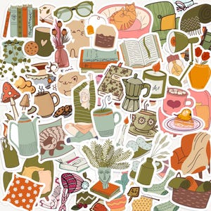 Pack de 25 autocollants Hygge, maison cosy, hiver, lecture, scrapbooking et décoration de journal