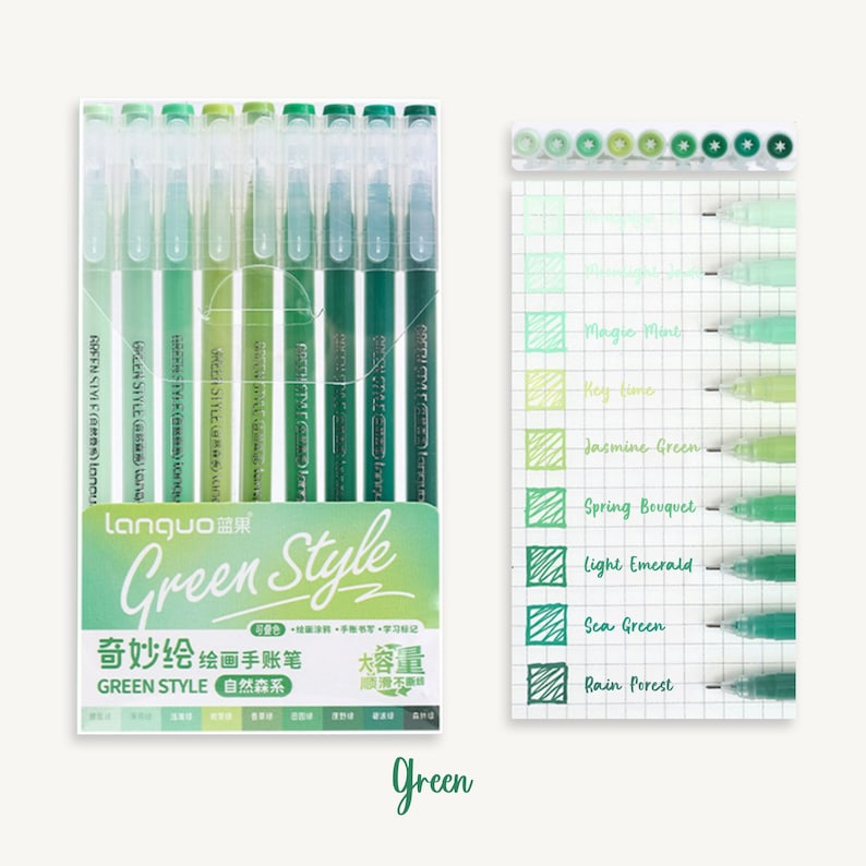 May include: A set of eight green gel pens in a clear plastic case. The pens are labeled "Green Style" and feature different shades of green ink. The ink colors are labeled "Magic Mint", "Key Lime", "Jasmine Green", "Spring Bouquet", "Light Emerald", "Sea Green", and "Rain Forest".
