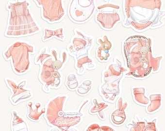 Rosa klistermärken för babyflicka, babytema, nyfödd, dagbok, klippbok, babyshower