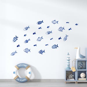 Watercolour Fish Wall Stickers, Fabric Wall Decal, Nautical Themed, Removable & Reusable, Hand Drawn Nursery Kids Room Decor