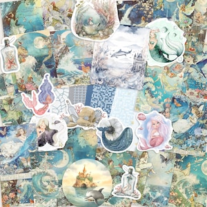 Pack de scrapbooking vintage océan mythologie, sirène, conte de fées de la mer, papier brouillon et autocollant pour scrapbooking, journalisation, collage