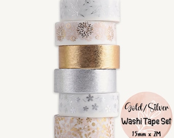 Gold Silver Washi Tape Set, 15mm Width, Decorative Planner Tape, Journaling Crafting Tape