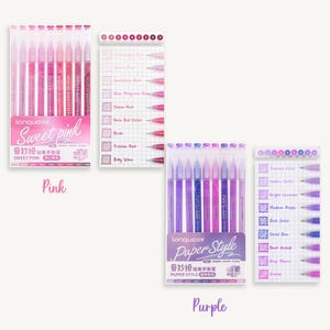 May include: Two sets of colorful gel pens, one set in shades of pink and the other in shades of purple. Each set includes 8 pens with different shades of the color. The pens are labeled "Sweet Pink" and "Puper Style" in Chinese and English.