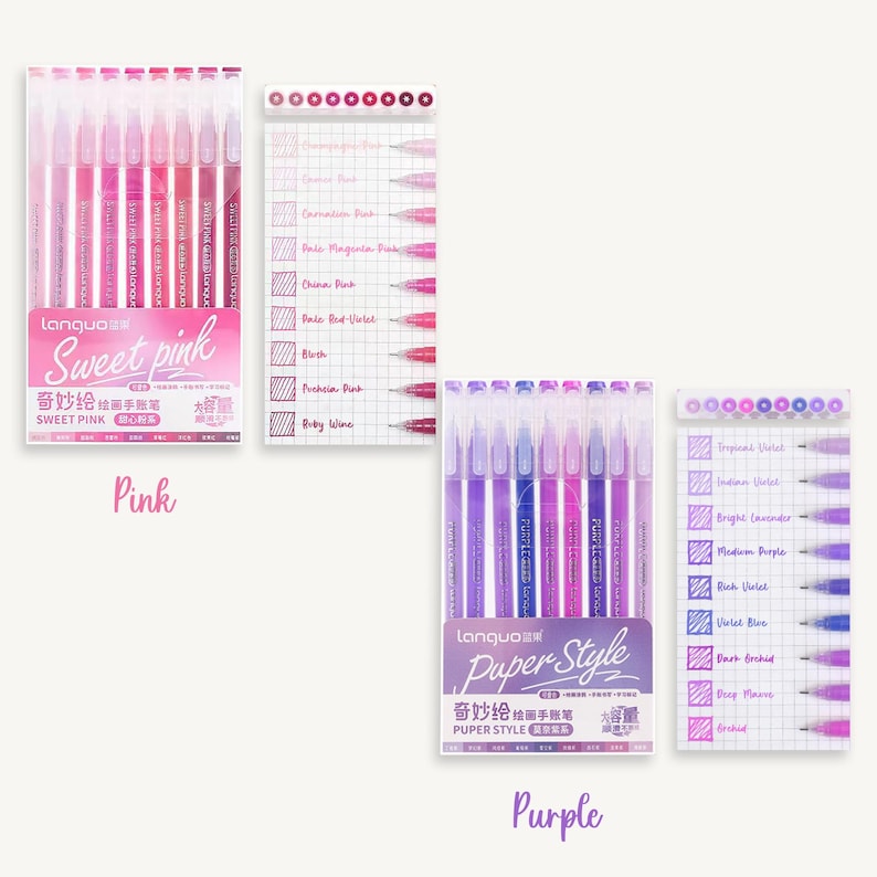 May include: Two sets of colorful gel pens, one set in shades of pink and the other in shades of purple. Each set includes 8 pens with different shades of the color. The pens are labeled "Sweet Pink" and "Puper Style" in Chinese and English.