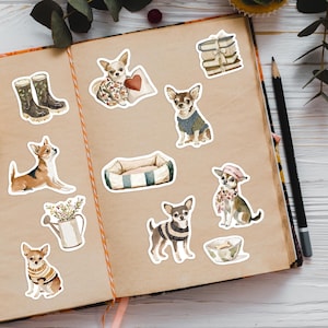May include: A collection of watercolor stickers featuring various Chihuahua dog illustrations. The stickers depict Chihuahuas in sweaters, hats, and scarves, along with other accessories like boots, a dog bed, and a watering can.