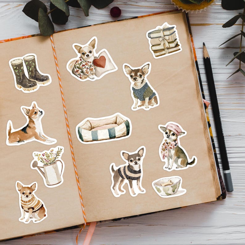 May include: A collection of watercolor stickers featuring various Chihuahua dog illustrations. The stickers depict Chihuahuas in sweaters, hats, and scarves, along with other accessories like boots, a dog bed, and a watering can.