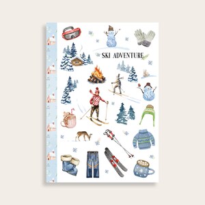 Hoja de calcomanías de esquí, deporte de invierno, muñeco de nieve, vacaciones de invierno, calcomanías para planificador, calendario, diario, suministros para álbumes de recortes