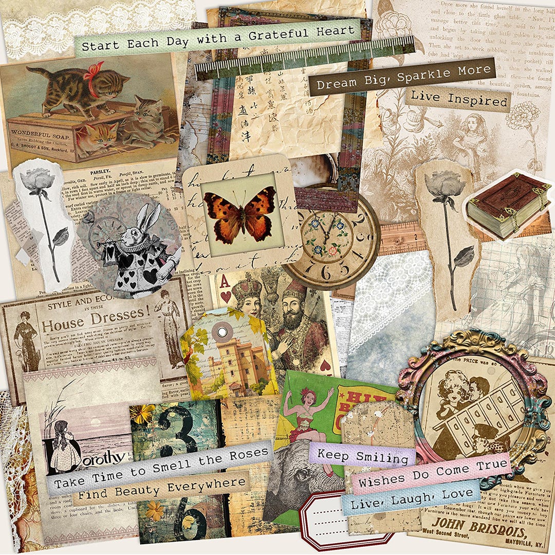 Vintage Junk Journal Mixed Pack, Scrappy Paper Sticker Ephemera Kit for ...