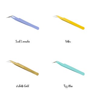 May include: Four tweezers in different colors: Sweet Lavender, Yellow, Metallic Gold, and Egg Blue. Each tweezer has a pointed tip for precision. The names of the colors are written below each tweezer.