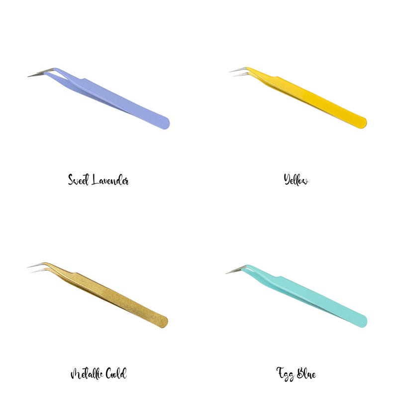 May include: Four tweezers in different colors: Sweet Lavender, Yellow, Metallic Gold, and Egg Blue. Each tweezer has a pointed tip for precision. The names of the colors are written below each tweezer.