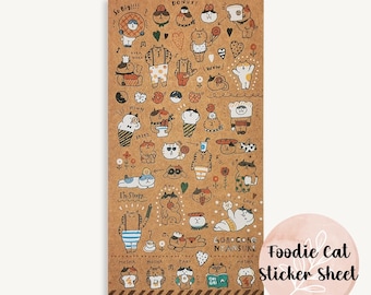 Foodie Cat Sticker Sheet, Kraft Brown Paper, Journaling, Planner, Scrapbooking Supplies