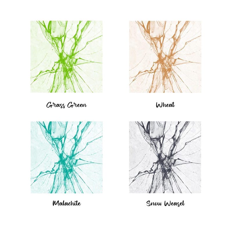 May include: Four square images of cracked glass with different colored backgrounds. The colors are grass green, wheat, malachite, and snow weasel.