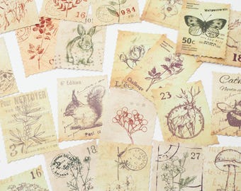 Vintage botanische Stempel Aufkleber, Cottagecore Natur Ephemera, Pilz Schmetterling Wildblume für Junk Journal, Scrapbooking