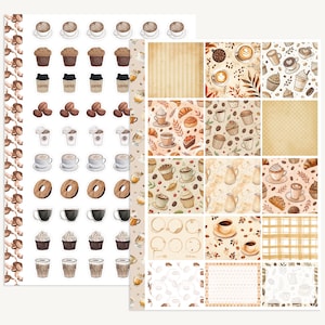 May include: A collection of coffee-themed stickers and patterned papers. The stickers feature coffee cups, muffins, donuts, and coffee beans. The patterned papers have coffee cup designs, coffee beans, and other coffee-related illustrations.