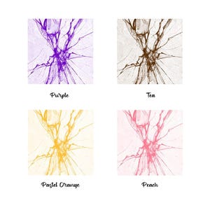 May include: Four square images of cracked glass with different colored backgrounds. The colors are purple, tea, pastel orange, and peach.