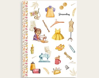 Sewing Themed Sticker Sheet, Hand Drawn Dressmaking, Sewing Tools, Planner Stickers, Journaling, Scrapbooking Supplies