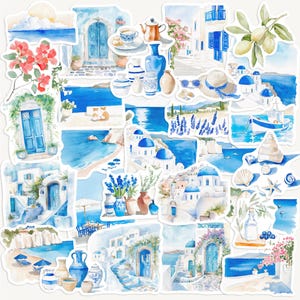 Watercolour Greek travel stickers of Santorini blue‑domed churches, olive branches, seashells and whitewashed streets.