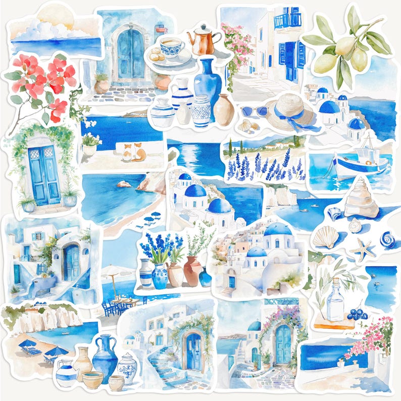 Watercolour Greek travel stickers of Santorini blue‑domed churches, olive branches, seashells and whitewashed streets.