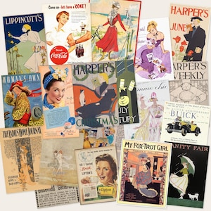 May include: A collage of vintage magazine covers and advertisements. The collection includes covers from Harper's, Lippincott's, and The Ladies Home Journal, featuring illustrations and text. Advertisements for Coca-Cola and Lipton's are also visible.