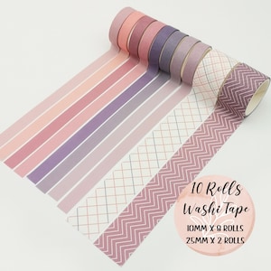 Pink Washi Tape Set of 10, Slim Plain Pink Purple + Wide Geometric Tape, Journaling, Scrapbooking, Planner Tape