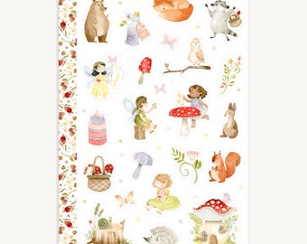 Wald Aufkleber Bogen, Feen, Tier, Pilz, Waldblumen, Schmetterling, Planer Dekor, Scrapbooking Aufkleber