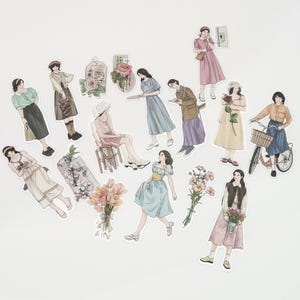 Adesivos de moda retrô, garotas nostálgicas, flores, adesivos para planejador, diário, scrapbooking