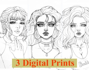 Feminine Coloring Page | A4 Printable Adult Tattoo Colouring Book Instant Digital Download Illustration PDF | Three digital pages