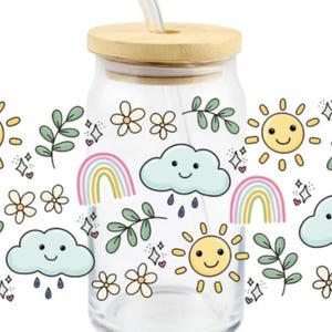 glass can 16oz, cute, sun, cloud, rainbow