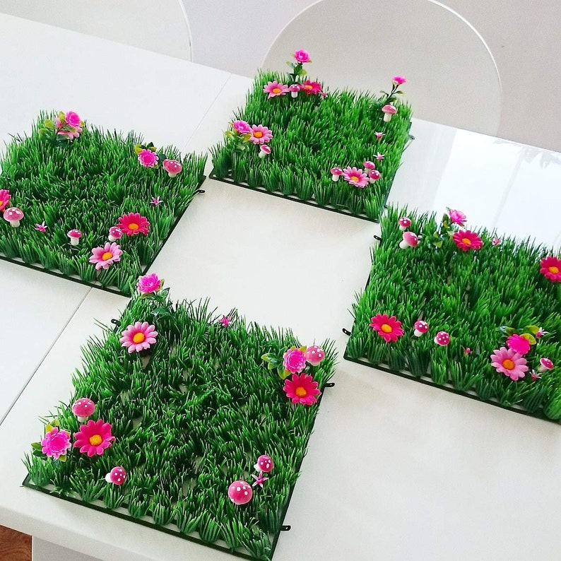 Artificial Grass Place Mat Set of 4 Table Mats With Flowers Etsy