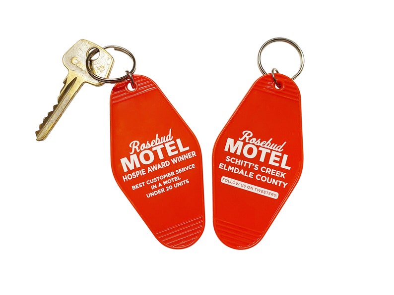 Top 27 Best Schitt's Creek Gifts from Etsy featured by top Seattle lifestyle blogger, Marcie in Mommyland: Schitts Rosebud Motel Keyring Key Tag Chain image 0