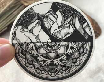 Mandala Mountains Sticker, Mountains, Line Art, Round Stickers, Black & White Sticker, Vinyl, Landscapes, Car Decal, Laptop Decal, Laptop