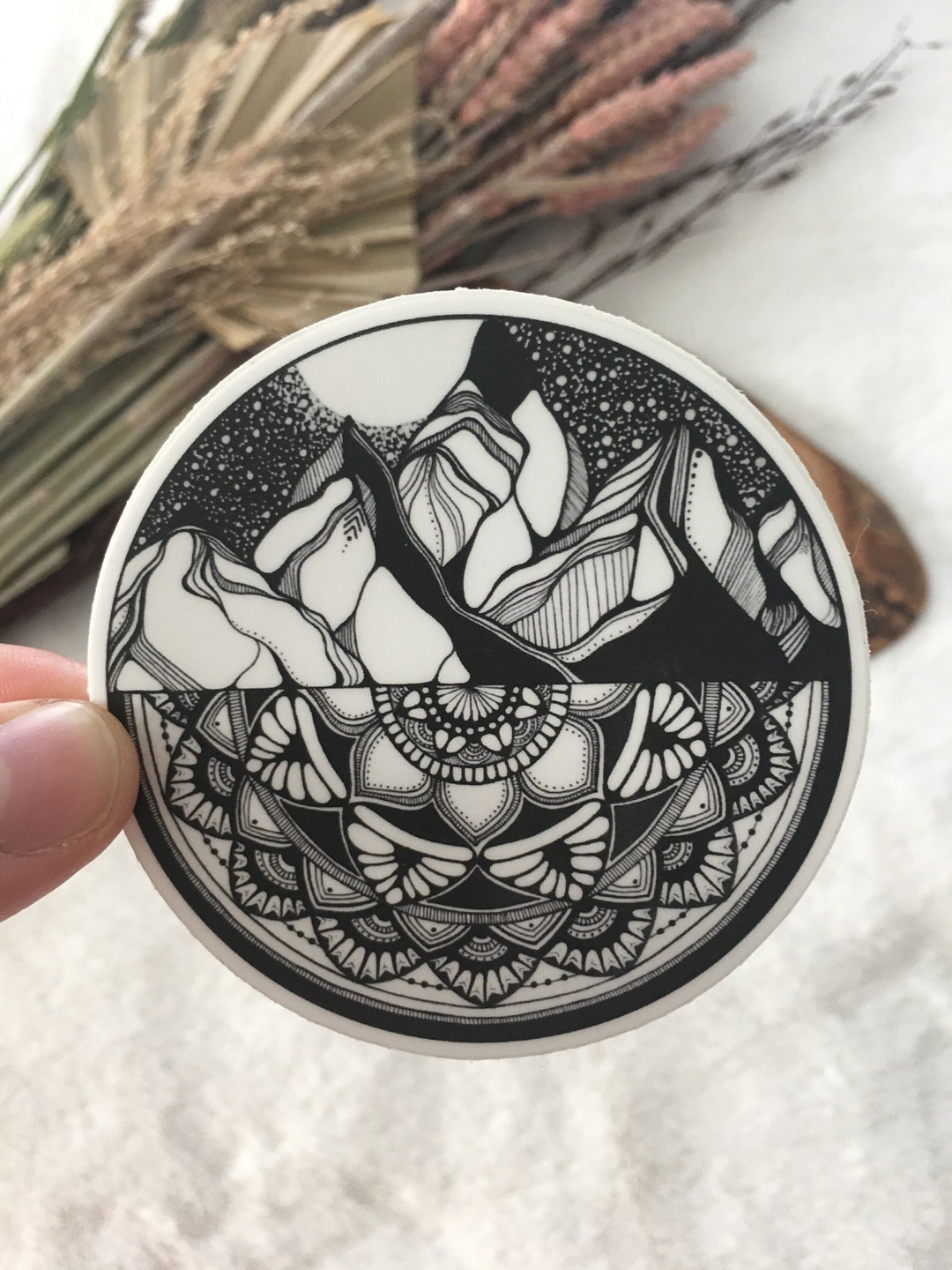 Manali Stickers Mandala Mountains Sticker, Mountains, Line Art, Round Stickers, Black ...