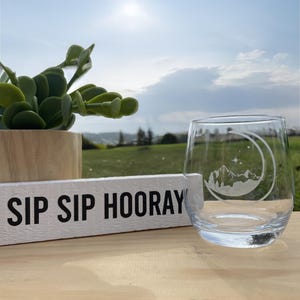 Celestial Etched Wine Glass With Crescent Moon and Mountains