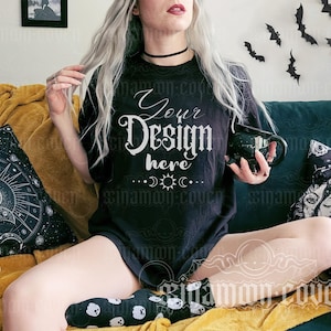Fall Themed Bella Canvas 3001 TShirt Mockup Halloween Mockup Black T-shirt Mockup Oversized Shirt Mockup Comfort Colors Autumn Shirt Mock-up