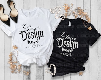 Camisas de pareja Bella Canvas 3001 maqueta en blanco y negro Dos camisetas Mock up Camiseta nupcial Mockup Family Group Camiseta Bachelorette Tee Mockup
